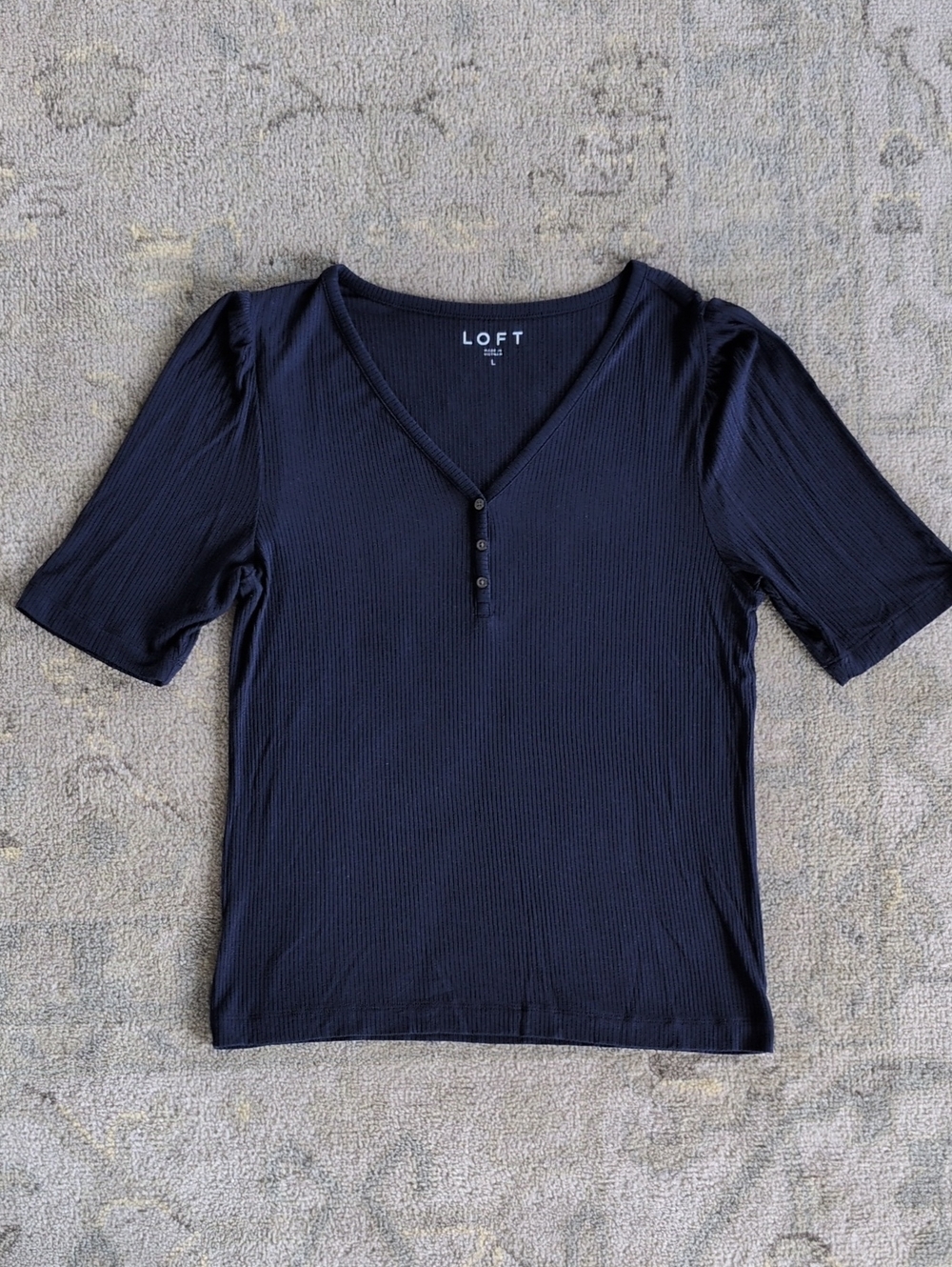 LOFT Navy Ribbed V-Neck Short Sleeve Henley Top